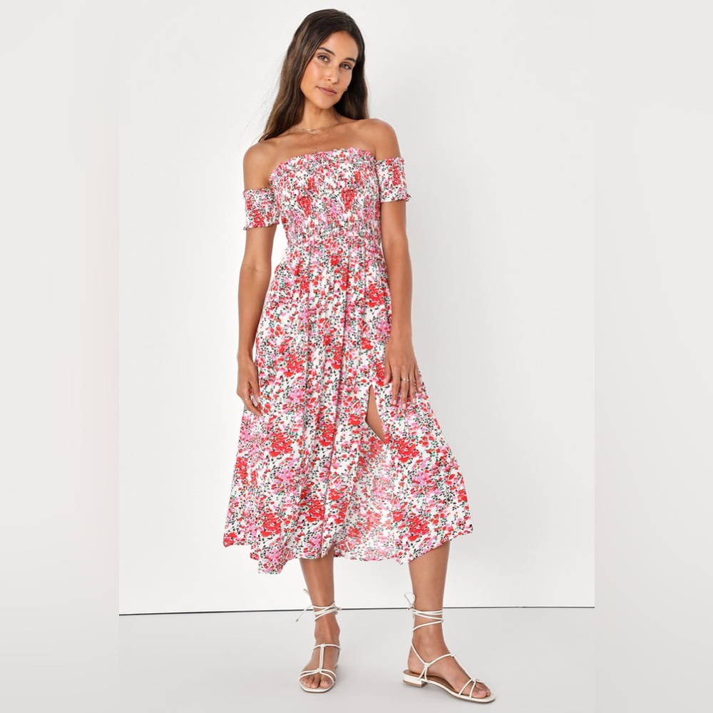 Lulu’s • View from the Meadow Cream Floral Print Off-the-Shoulder Dress